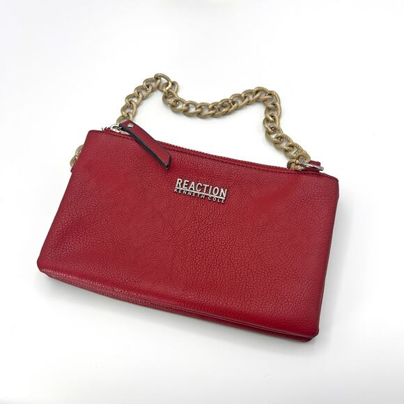 KENNETH COLE REACTION Pebbled Faux Leather Gold Chainlink Shoulder Bag (Red) - Picture 4 of 13